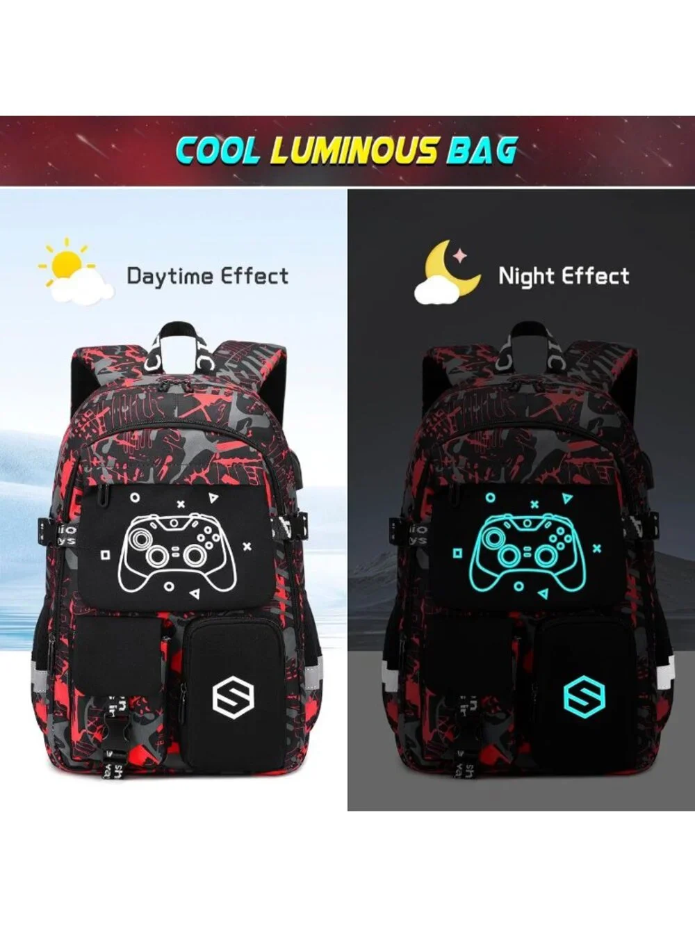 Cool Luminous Boys Backpack Set with Lunch Bag & Pencil Case, USB Charging Port